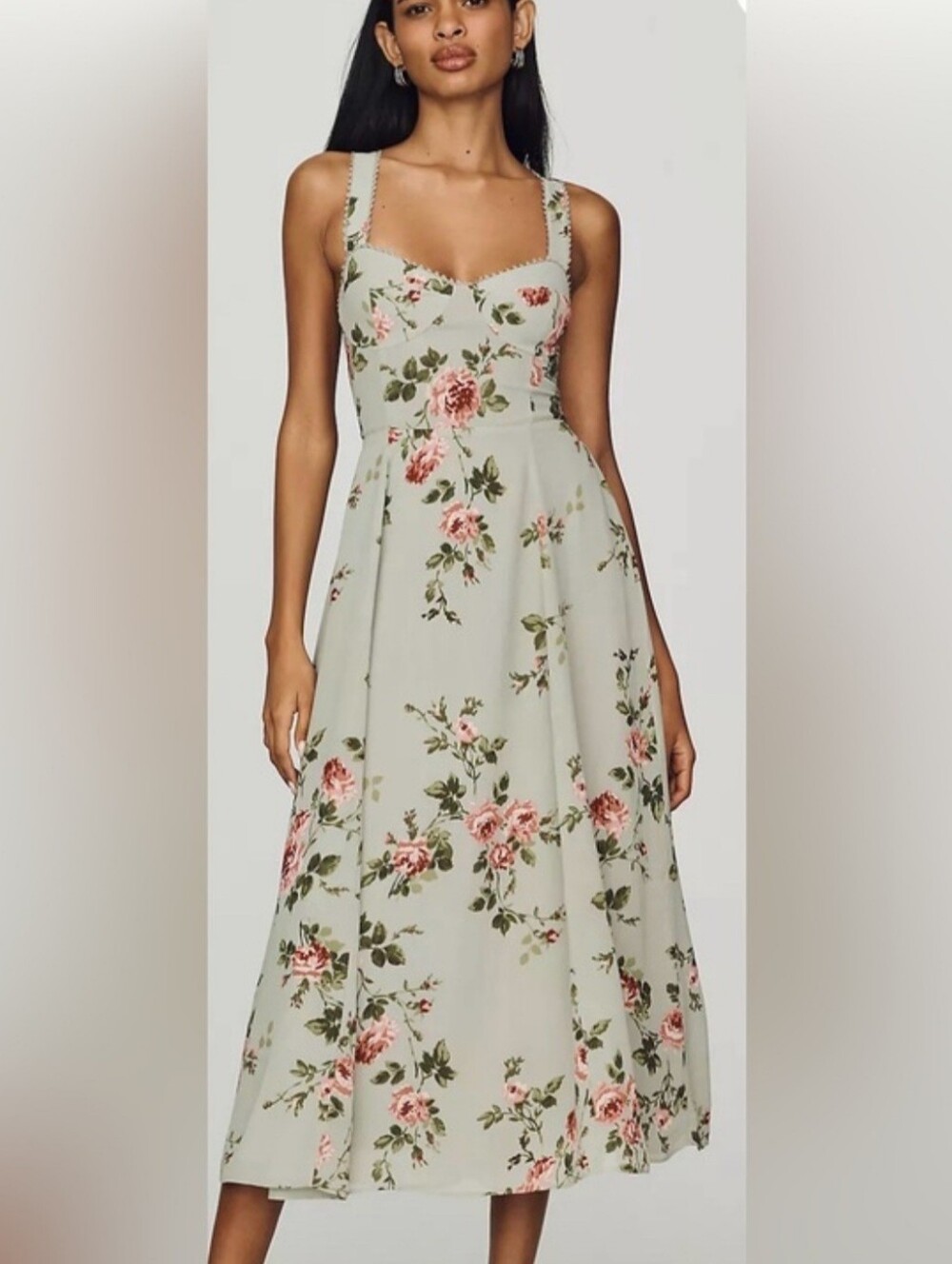 Reformation DAMAGED Lela Midi Dress Size 0 Green Pink Floral Rose Print